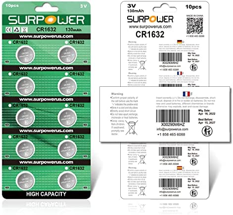 SURPOWER CR1632 3V Lithium Battery CR 1632-10 Pack?5-Year Warranty?