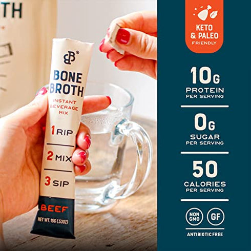 Bare Bones Bone Broth Instant Powdered Beverage Mix, Beef, Pack of 4, 15g Sticks, 10g Protein, Keto & Paleo Friendly