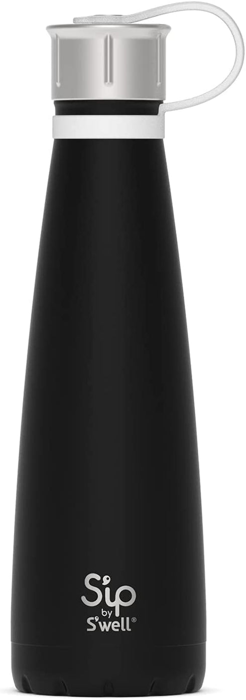 S'ip by S'well Stainless Steel Water Bottle - 15 Oz - Black Chalk - Double-Walled Vacuum-Insulated Keeps Drinks Cold for 24 Hours and Hot for 10 - with No Condensation - BPA-Free