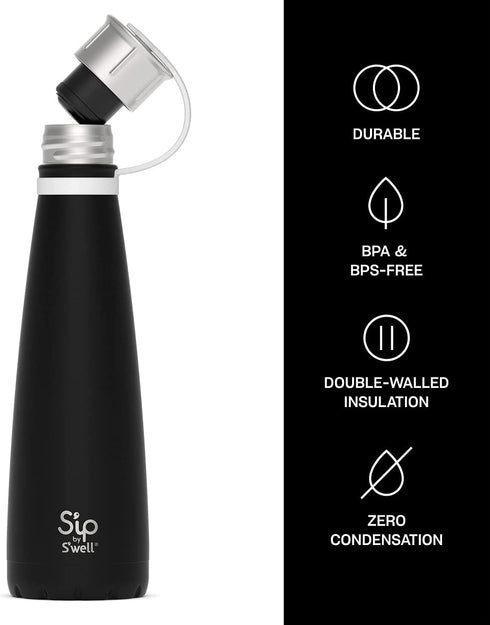S'ip by S'well Stainless Steel Water Bottle - 15 Oz - Black Chalk - Double-Walled Vacuum-Insulated Keeps Drinks Cold for 24 Hours and Hot for 10 - with No Condensation - BPA-Free