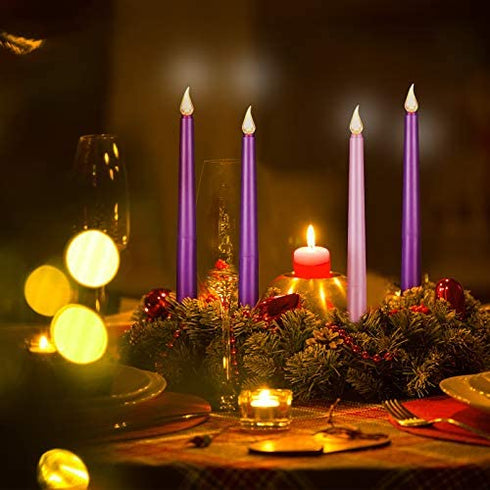 Honoson 4 Pieces LED Flameless Advent Candle Set Purple and Pink Advent Taper Candles for Christmas Advent Rituals, Casting Chimes, Spells