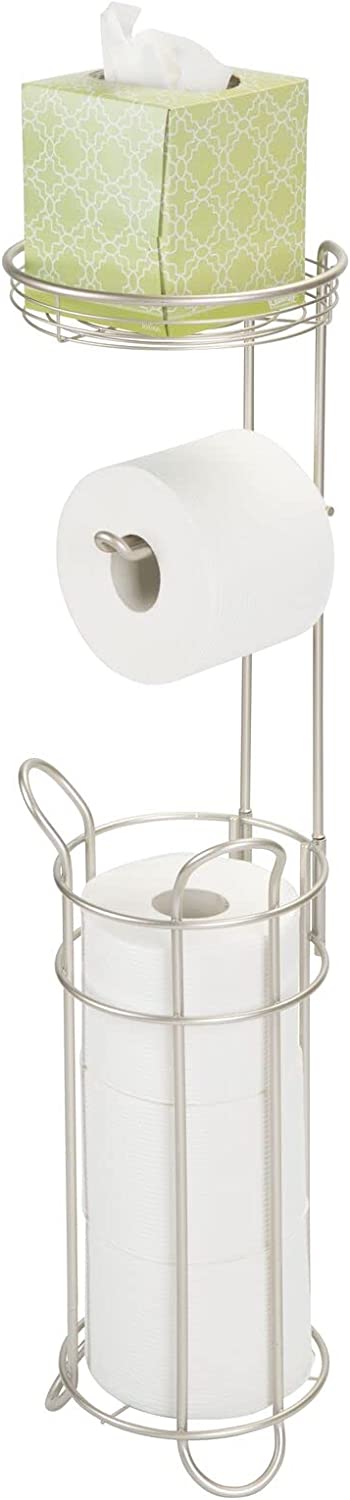 mDesign Freestanding Metal Wire Toilet Paper Roll Dispenser and Holder Stand for Bathroom Storage Organization - Top Round Storage Tray Shelf for Cell Phone, Book, Spray - Holds 4 Mega Rolls - Satin