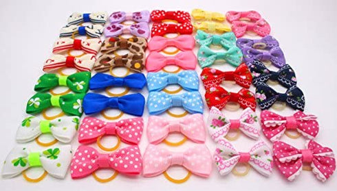YOY 40 Pcs Adorable Grosgrain Ribbon Pet Dog Hair Bows with Elastics Ties - Stretchy Rubber Bands Doggy Kitty Topknot Grooming Accessories Set for Long Hair Puppy Cat