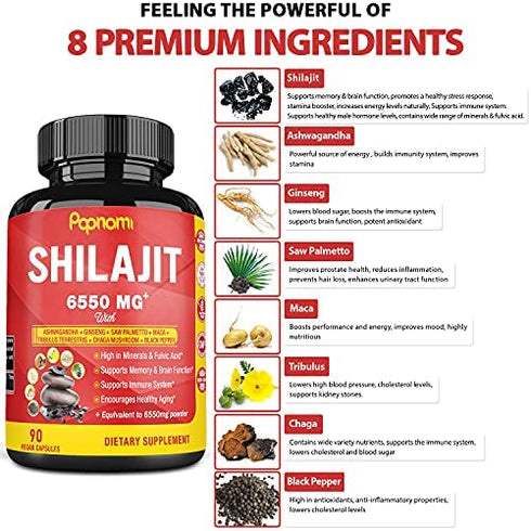 Shilajit Extract Capsules equivalent to 6550mg & Ashwagandha, Ginseng, Saw Palmetto, Maca, Tribulus, Chaga, Pepper | Trace Minerals Fulvic Acid|Immune Support, Brain Boost Supplement, 3 Months Supply