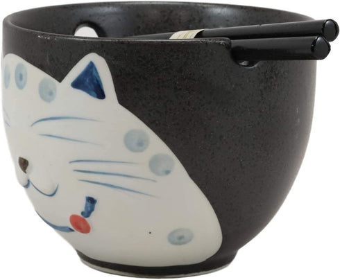 Ebros Whimsical Ceramic Black Lucky Meow Cat Pasta Ramen Udong Pho Noodles Soup Bowl and Chopsticks Set Dining Gourmet Meal Feline Cats Collection Rice Bowls Decor Kitchen