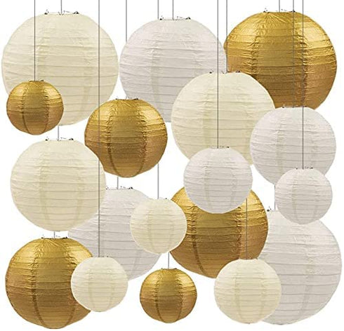 UNIQOOO 18PCS Metallic Gold Christmas Paper Lantern Set, Assorted Hanging Gold Japanese Paper Lantern Wedding Decoration, Reusable Easy Assemble, For New Year Birthday Baby Shower Party Favor Supplies