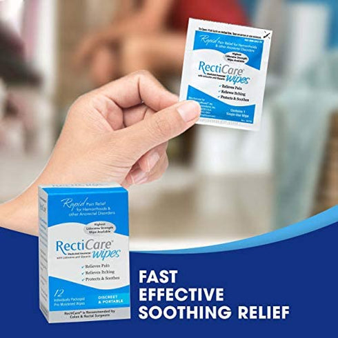 RectiCare Medicated Anorectal Wipes – 5% Lidocaine & Glycerin – 12 Pack