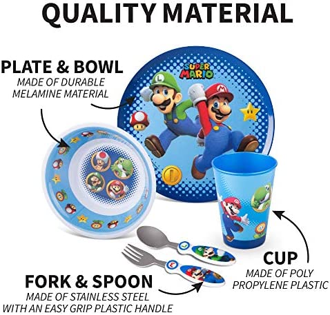 Franco Kids Dinnerware Cartoon Designed Mealtime Kitchen Set, 5 Piece Pack, Super Mario,KZ0068
