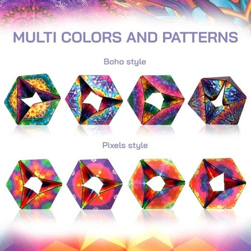 Karmagami “Pixels” and Boho 2 Pack Sensory Toy for Kids - Kaleidocycle Fidget Toy for Adults to Stay Calm & Focused - Tear-Resistant Desk Manipulative Gadget (Ages 4+)