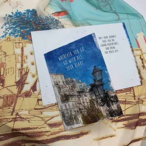 Smiling Wisdom - City Retirement Journey Goodbye Greeting Card - Wherever You Go, Go with All Your Heart Gift Set - Chiffon Viscose Scarf - Woman Coworker Grad - Tan Blue Multi-Colored