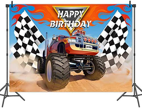 Monster Truck Backdrop Photography Photo Booth Props Children Happy Birthday Banner Supplies Grave Digger Speed Checkered Flag Photo Background Baby Shower Cars Party Decoration 5x3ft Vinyl
