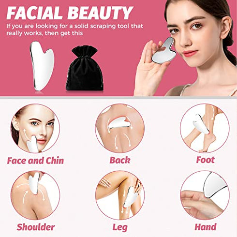 Gua Sha Facial Tool, Stainless Steel GuaSha Massage Tool Natural Universal Facial Beauty Silver Metal Gua Sha Board for SPA Acupuncture Tighten Skin Scraping Massage Tool for Face with Travel Pouch