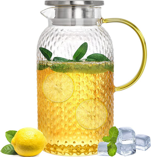 SOUJOY 67 Oz Glass Pitcher, Water Pitcher with Stainless Steel Lid, Heat Resistant Borosilicate Carafe, Ice Tea Pitcher for Homemade Beverage, Milk, Coffee, Serving Wine, Hot/Cold Water