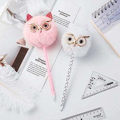 Abhay 4 Pack Owl gift Pen Novelty Pens Colorful Fluffy Ball Pen Pom Pom Pen for Easter and Party Supplies