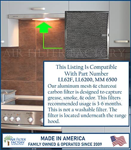 Air Filter Factory Replacement For Broan Nutone LL62F, LL6200, MM 6500 Range Hood Aluminum Grease Mesh Charcoal Carbon Combo Filter 8.5 x 11.25 x .375