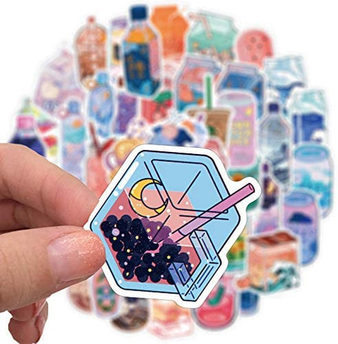 Fashionable Cartoon Beverage Bottle Stickers Pack 50Pcs Colorful Waterproof Cute Stickers for Flask, Laptop, Water Bottle, Cute Aesthetic Vinyl Doodle Decals (Sweet Drinks)