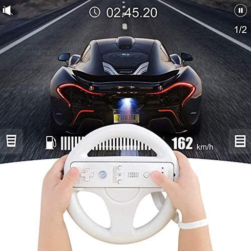 Steering Wheel for Wii Controller, 2 pcs White Racing Wheel Compatible with Mario Kart, GEEKLIN Game Controller wheel for Nintendo Wii Remote Game-White