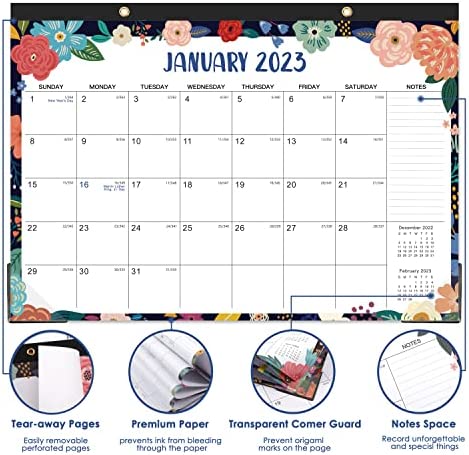 Desk Calendar 2023-2024 - Large Desk Calendar 2023-2024, Jan 2023 - Jun 2024, 17" x 12", Desk Pad, Large Monthly Blocks, Calendar with Tear Off Design, 2 Corner Protectors & 2 Hanging Hooks