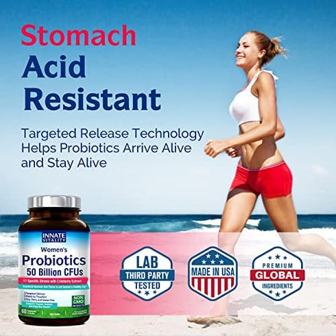 INNATE Vitality Probiotics for Women, 50 Billion CFUs, 17 Proven Strains, 60 Veggie Caps, Formulated with Prebiotics and Cranberry Extract,Non-GMO, Supports Vaginal, Digestive and Immune Health