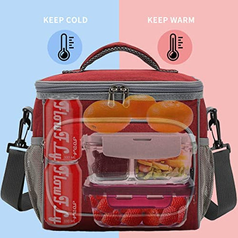 FlowFly Insulated Reusable Lunch Bag Adult Large Lunch Box for Women and Men with Adjustable Shoulder Strap Front Zipper Pocket and Dual Large Mesh Side Pockets, Red