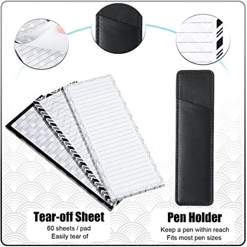 3 Pieces Magnetic Notepads Lists for Fridge, Refrigerator Grocery List, Shopping List, to-Do List, Magnetic Back-Memo Notepad with PU Leather Pen Holder, 60 Sheets, 7.9 x 3 Inch (Classic Style)