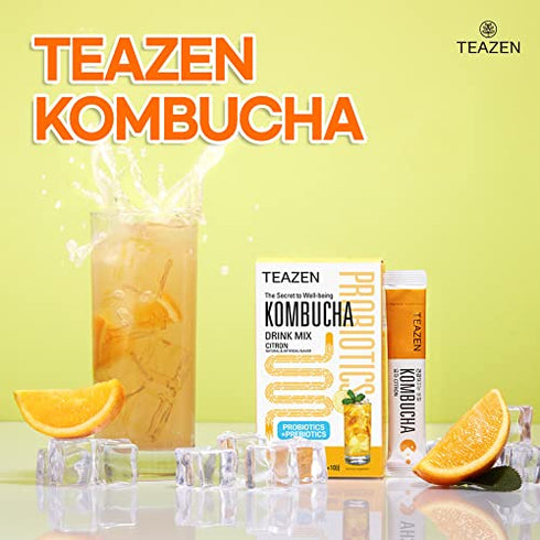 Teazen Kombucha Tea, Zero Sugar, Sparkling Fermented Powdered Mix Beverage from Korea, Live Probiotics & Prebiotics, 10 Sticks, 1.76oz (Citron)