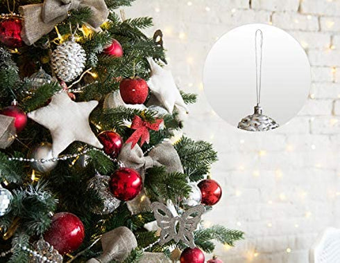 200pcs Christmas Ornaments String Hanger Silver Precut Ribbon Hook for Christmas Tree Ornament Decorations with Snap Fastener