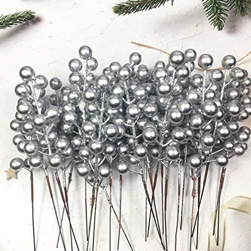 24 pcs Christmas Berries Stems Artificial Berry Stems for Christmas Tree Ornaments Crafts Holiday and Home Decor (Silver)