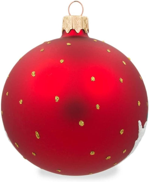 BestPysanky Rooster in Winter Village on Red Glass Ball Christmas Ornament