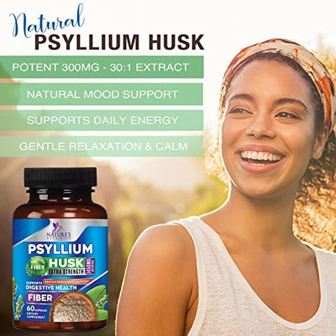 Psyllium Husk Capsules 1450mg, Non-GMO Gluten Free Digestive Support Natural Fiber Supplement - Nature's Psyllium Fiber Caps Support Digestion & Regularity for Adult Men and Women - 60 Capsules