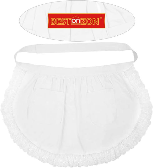 BESTONZON Women's Waist Apron with Pockets Lace Cotton Half Apron Kitchen Party Favors for Maid Waitress Servant(White)