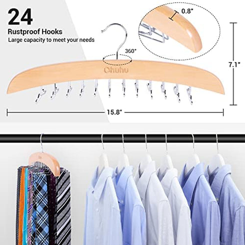 Tie Rack, Ohuhu 24 Hook Holder Tie Hanger Organizer for Closet Wooden Belt Storage Rack for Men Ties Belts Scarves Accessories