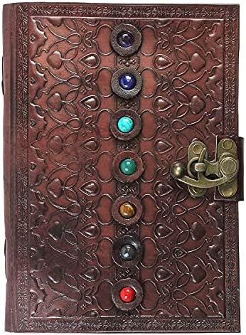 Leather Book of Shadows Journal, Supernatural Notebook with Chakra Gem Stones Healing Crystals and Latch, by AzureGreen (Brown Single Lock)