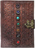 Leather Book of Shadows Journal, Supernatural Notebook with Chakra Gem Stones Healing Crystals and Latch, by AzureGreen (Brown Single Lock)
