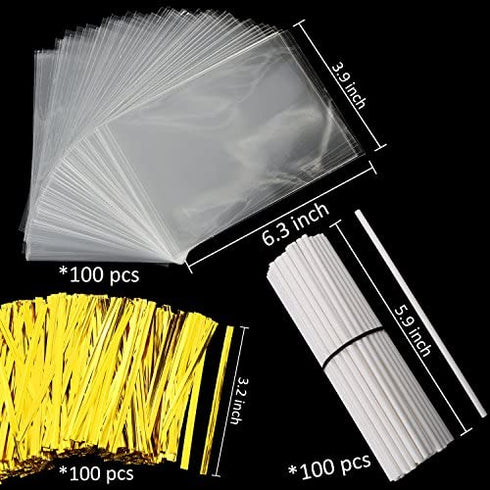 300Pcs 6 Inches Cake lollipop Pops Making Tools 100Pcs Cake Pop Sticks 100Pcs Cake Pop Bags and 100Pcs Twist Ties