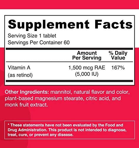 EZ Melts A as Retinol, 5,000 IU, Immune Support, Sublingual Vitamins, Vegan, Zero Sugar, Natural Strawberry Flavor, 60 Fast Dissolve Tablets