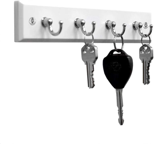 Home Basics 4 Hook Wall Mounted Key Holder Rack for Entryway, Kitchen, Bedroom Organize Car Keys, House Keys, Small Accessories and Jewelry (White)