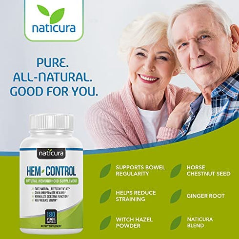 Naticura Hem-Control - Natural Treatment for Hemorrhoids with Psyllium Husks, Witch Hazel, Ginger Root - Vegan - 180 Count - Helps Maintain Bowel Movement Regularity - Digestive Support