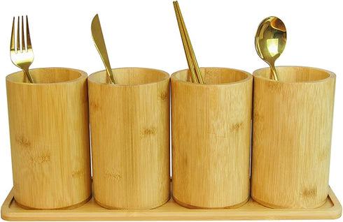 365Home Bamboo Silverware Organizer Flatware Utensil Caddy Bamboo Utensil Holder Wooden Cutlery Holder with Bamboo Tray for Kitchen Countertop Farmhouse (Not Icon)