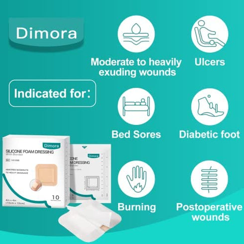 Dimora Silicone Foam Dressing with Border Adhesive 4"x4" Waterproof Wound Dressing Bandage for Wound Care 10 Pack