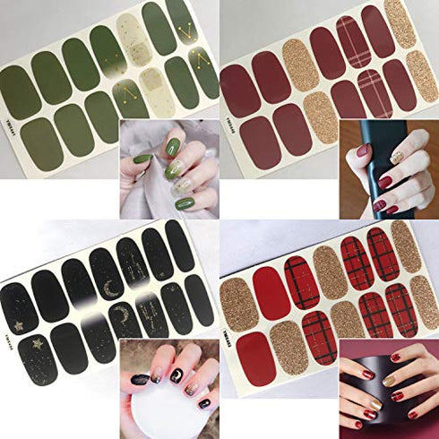 WOKOTO 20 Sheets Full Wraps Nail Art Polish Stickers Strips Set with 1Pc Nail File Glitter Star Adhesive Nail Decals Manicure Tips