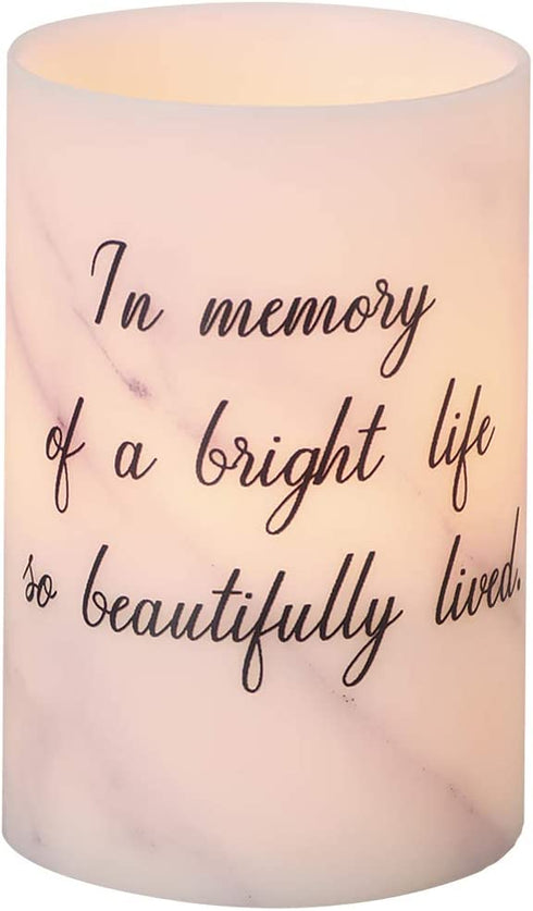 Beautifully Lived Memorial White Marble Tone 4 x 6 Wax LED Flameless Candle