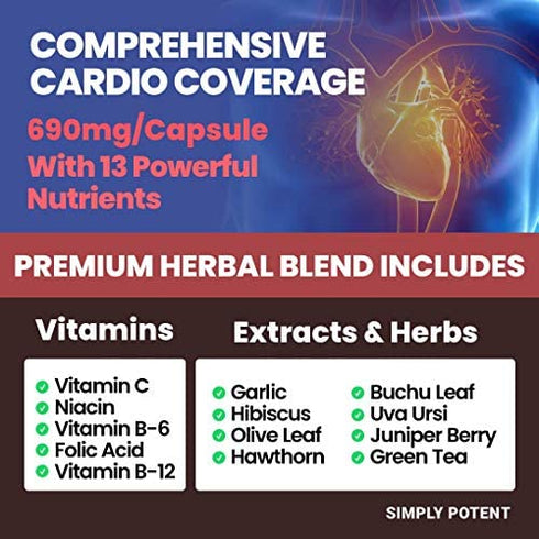 Blood Pressure Support Supplements - Healthy Heart, Cholesterol, Cardio, Hypertension, High BP - 13 Vitamins & Herbs - Folic Acid, Vitamins C B6 & B12, Hawthorn Olive Leaf Garlic Hibiscus, 90 Capsule