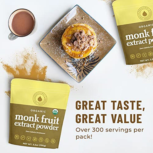 Organic Monk Fruit Extract, 3.5 oz, 322 Servings, Pure USDA Organic Monk Fruit Sweetener with No Fillers Zero Calories, Zero Carbs, Keto & Paleo Friendly Sugar Substitute, 322 Servings by NatriSweet