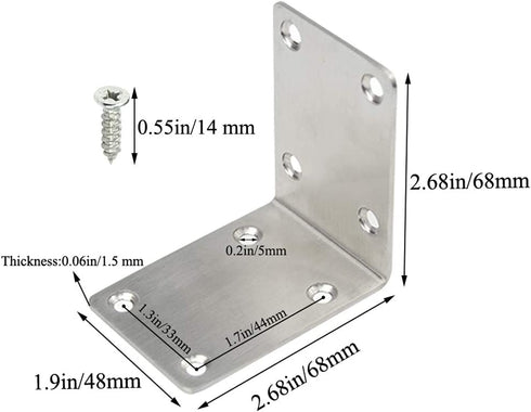 TOVOT 4 PCS 2.68 inch X 2.68 inch Stainless Steel Shelf Support Brace Corner Angle Brackets Angle Code w/Screws for Wooden Furniture