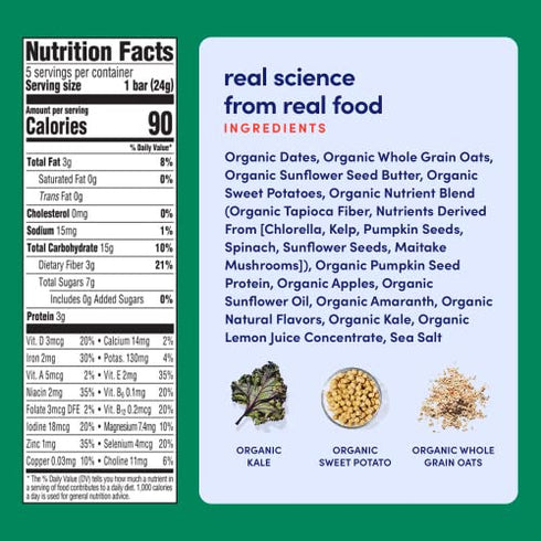 Cerebelly Toddler Snack Bars – Apple Kale (Pack of 5), Healthy & Organic Whole Grain Bars with Veggies & Fruit, 15 Brain-supporting Nutrients from Superfoods, Nut Free, No Added Sugar, Made with Gluten Free Ingredients