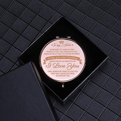 ElegantPark Sister Gifts from Sister Brother Best Friend Birthday Gifts Rose Gold Engraved Compact Mirror for Purse Christmas Graduation Gifts for Sister Personal Pocket Travel Makeup Mirror