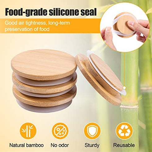 Jar Lids for Oui Yogurt Jars- 8 Pack Set Natural Bamboo Wood Oui Lids with Labels & Silicone Sealing Rings, Eco-friendly Yogurt Bottle Recycle Replacement Cap Glass Jar Canning Lids
