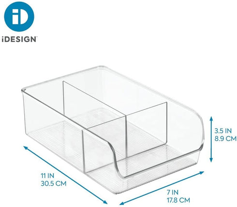 iDesign Linus Plastic Fridge and Freezer Divided Storage Organizer Bin, Container for Food, Drinks, Snacks, Produce Organization, 11" x 7" x 3.5", Clear