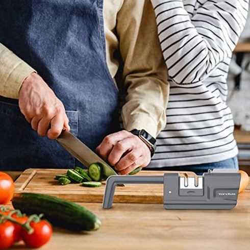 Knife Sharpener, 4-in-1 Foldable Kitchen Knife Sharpener with Sharpening Stone, 3-Stage Non-Serrated Knife & Scissor Sharpener, Quickly Sharpening, Repair/Restore/Polish Blades, Gray